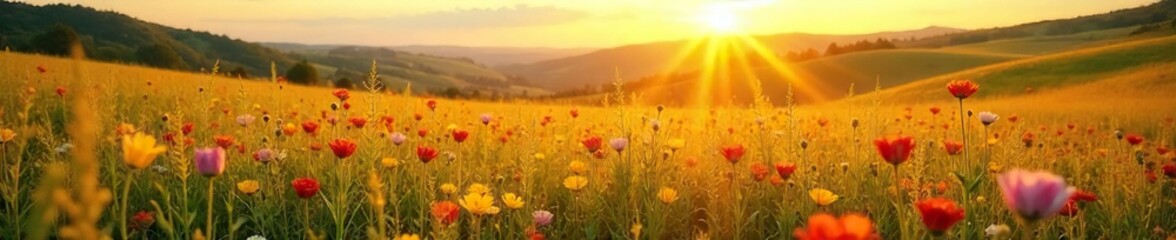Golden hour sunlight bathes a vast, undulating field of wildflowers and tall grasses, creating a vibrant summer landscape Perfect for travel, nature, and seasonal themes , vibrant, colorful