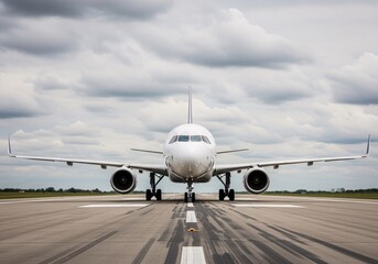 Obraz premium Aviation Marvel: Front view of a modern commercial airplane, poised majestically on the runway, ready for takeoff under a dramatic, overcast sky.