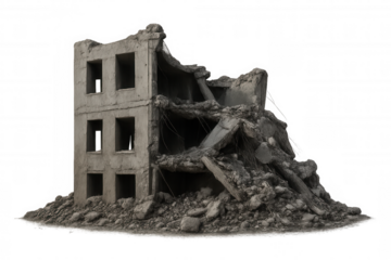 Ruined concrete building collapsing on a pile of rubble, isolated on transparent background, depicting destruction and devastation