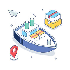 A vibrant isometric illustration of a cargo ship carrying various boxes