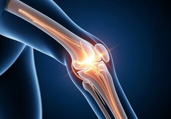Fototapeta premium Illuminating Knee Joint: An artistic representation of the knee joint, glowing with ethereal light against a dark backdrop, highlighting its intricate structures and human anatomy.