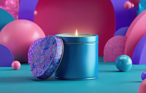 3d rendering of a teal blue candle in a metal tin with a lid, against a vibrant pink and purple background with abstract shapes. product photography.
