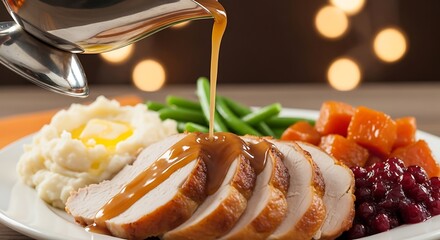 Classic Holiday Turkey Dinner with Gravy Being Poured Over Sliced Poultry, Mashed Potatoes, Green Beans, and Cranberry Sauce on a Plate