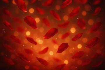 Crimson Cascade: A romantic and sensual scene of scarlet petals falling gracefully, amidst a warm bokeh backdrop. capturing the beauty of love, passion, and celebration.