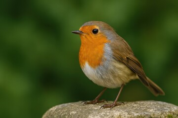European Robin Perched Gracefully: A vibrant European robin with its distinctive orange breast and brown feathers is captured in stunning detail, perched elegantly on a stone structure.