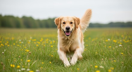 Golden Retriever in Meadow: A Golden Retriever, with its friendly eyes and wagging tail, races towards the viewer through a vibrant green field. Capturing the dog's energy and joy.