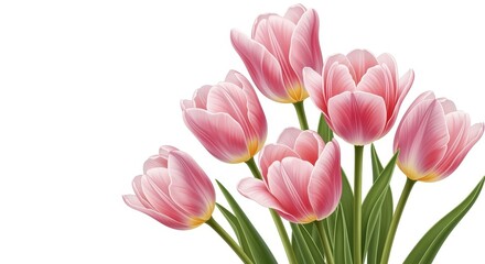 Fototapeta premium Elegant Pink Tulips in Bloom: A cluster of delicate, radiant pink tulips showcase their exquisite beauty. These symbols of spring flourish against a clean backdrop.