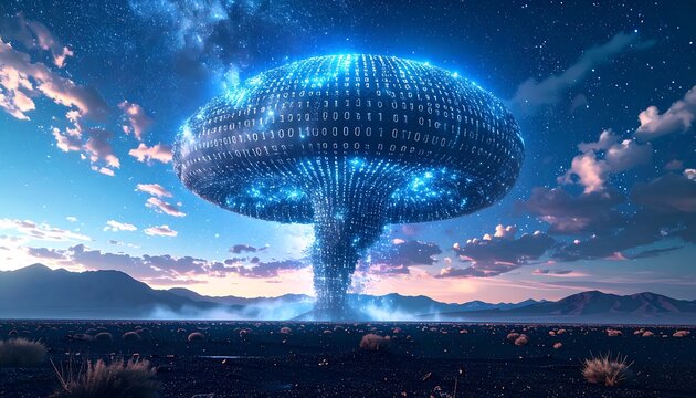 Digital mushroom cloud hovering over a desolate landscape
