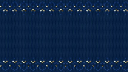 Navy knitted seamless border. Gold and blue winter ornament. Textile pattern