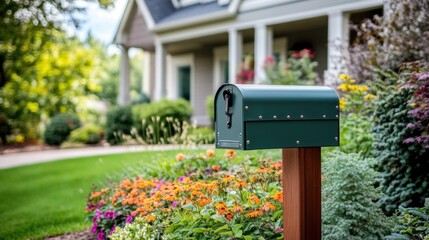 Green mailbox wooden post front house is rectangular mail box
