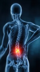 High resolution medical illustration of a man in an x-ray standing with one hand holding his lower back and experiencing pain.