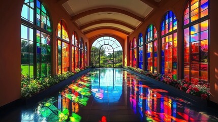Fototapeta premium Long arched corridor high ceiling windows both sides Stunning View Inside