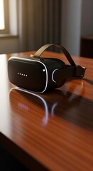 Virtual Reality Headset on Wooden Table - Immersive Technology Experience.