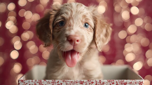 Adorable weimaraner puppy with blue eyes peeking out of a festive gift box with bokeh lights