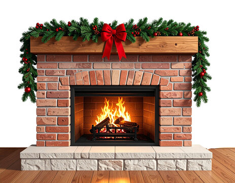 Cozy brick fireplace with a warm fire inside, accented by a few pine branches and red