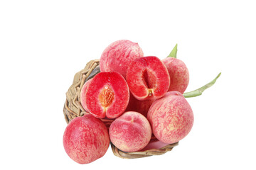 Fresh Red Flesh Peaches in Wicker Basket on White Background