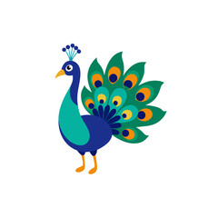 Stylized peacock with vibrant fanned tail on black background