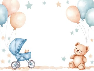 Cute watercolor baby birth invitation card with bear, clouds and stars.