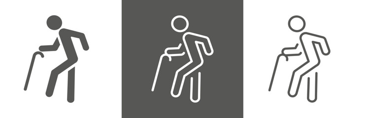 flat and linear set icons, old man icon, elder person with cane, senior generation, simple symbols on white and black background - editable stroke vector illustration