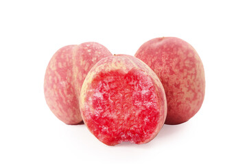 Fresh Pink Guava Fruits with Carmine Red Flesh on White Background - Tropical Fruit Studio Shot
