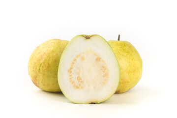 Fresh Yellow Guava Fruit Cut in Half Showing White Flesh on White Background