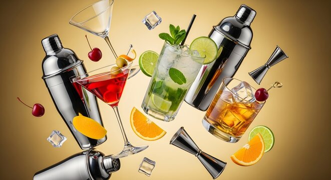 Assortment of alcoholic cocktails bar shakers ice cubes and citrus garnishes floating
