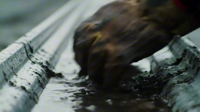 Close-up of hand cleaning a rain gutter filled with mud and debris, highlighting the act of maintenance and cleaning