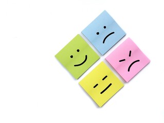 Happy, neutral, and sad emoji on sticky note. mental health concept mood swings, depression, and bipolar disorder