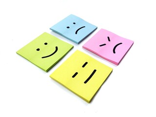Happy, neutral, and sad emoji on sticky note. mental health concept mood swings, depression, and bipolar disorder