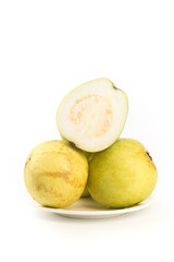 Fresh Guava Fruits with Creamy White Flesh on White Background