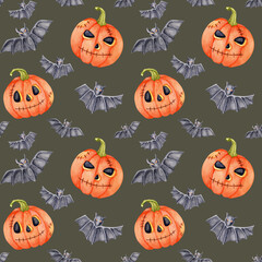 Watercolor clipart of orange pumpkins and bats arranged in a seamless pattern on a dark gray background. Suitable for Halloween fabrics, wrapping paper, and printable goods.