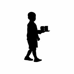 Silhouette of a child balancing a tray of steaming cups while crossing the street isolated on white background