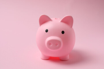 piggy bank, money dollars euros on a pink background
