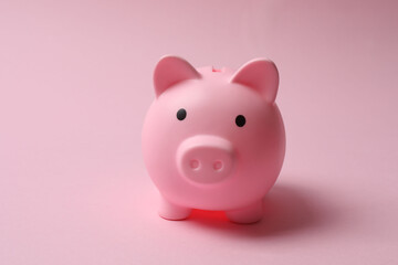 piggy bank, money dollars euros on a pink background
