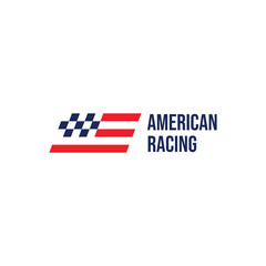 American racing logo with USA flag and checkered finish flag, bold design for motorsport branding, speed competition, and patriotic racing themes.