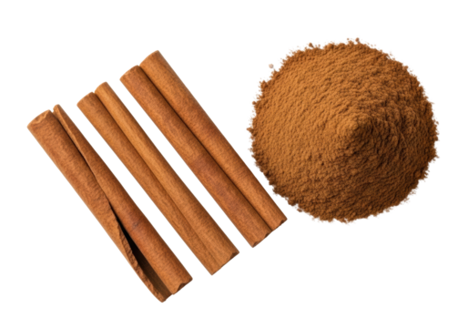 Macro shot of reddish-brown cinnamon sticks and dark brown ground cinnamon powder side-by-side, highlighting layered texture on a seamless bright white background. Culinary authenticity and aromatic