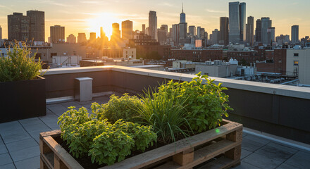 Rooftop garden with lush green plants in wooden planter at golden hour with cityscape background for urban lifestyle