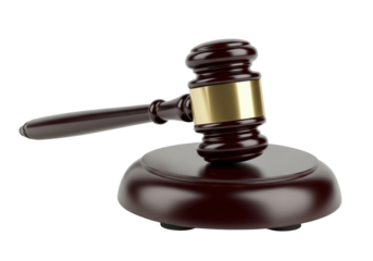 Classic dark wood judge's gavel with gold brass band resting on a matching sounding block, isolated on a transparent background with copy space. Concept of law and justice