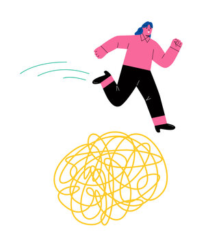 Business woman jump difficulty and crisis problem. Barriers breakthrough concept. Flat vector illustration isolated on white background