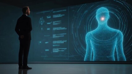 Faceless presenter standing beside glowing AI ethics principles on digital screen, ai governance ethics, deepfake detection clean futuristic