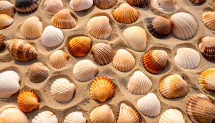A vibrant, close-up perspective showcases numerous seashells nestled within warm-toned sand. The various shells, displaying a range of hues and textures, create a pattern. 