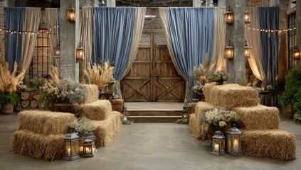 Rustic wedding venue with hay bales, drapes, and lanterns
