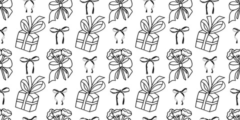 Coquette party crayon seamless pattern. Monochrome flowers with bow and present endless background. Surface pattern birthday or wedding design motif. Vector hand drawn illustration.
