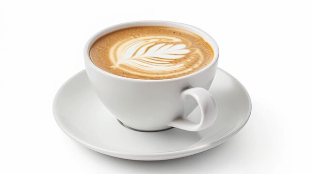 Side view of latte filled cup isolated on white backdrop. 