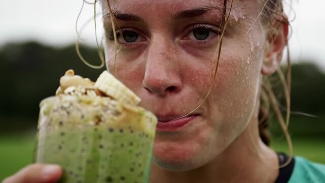 Woman Drinking Green Smoothie in Outdoor Setting.