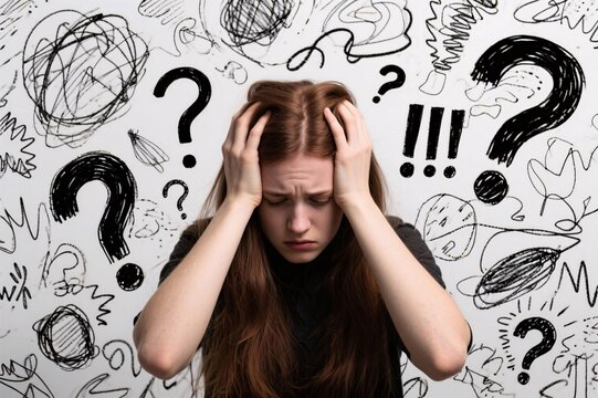 Overwhelmed: A striking visual representing the mental state of confusion and stress, personified by an individual grappling with an array of chaotic thoughts.