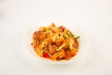 Cauliflower Stir-Fry with Mixed Vegetables and Meat on White Plate