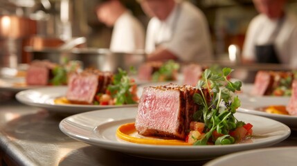 Grilled duck plated with colorful garnishes in a busy restaurant kitchen during evening service