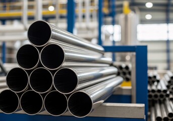 Industrial Pipes in a Factory: A neat stack of metallic industrial pipes presents against a softly blurred factory backdrop, symbolizing the robust infrastructure that drives industrial productivity.