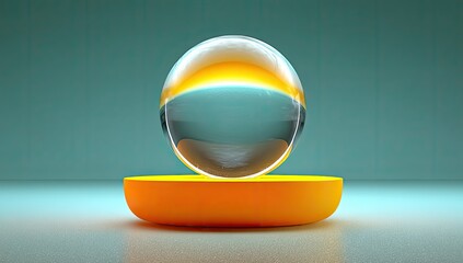 Transparent sphere, vibrant orange disc base, teal background